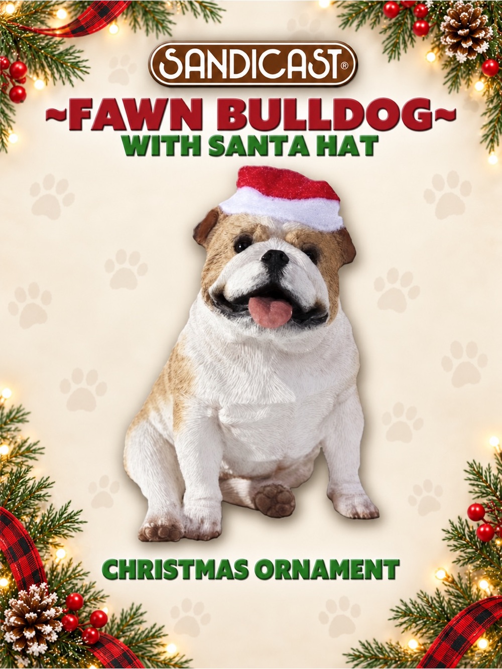 Sandicast FAWN BULLDOG with Santa Hat Christmas Ornament NEW